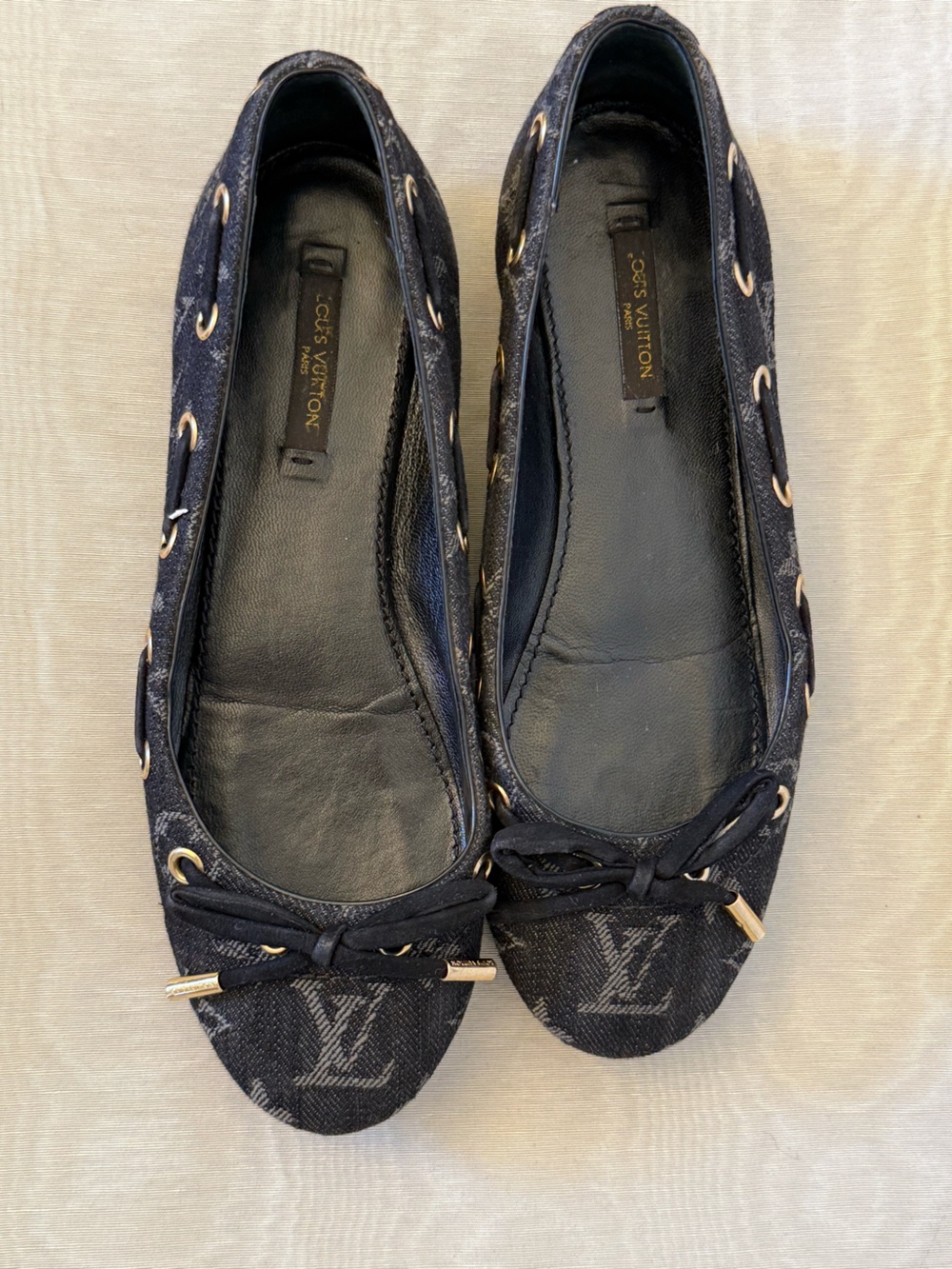 Louis Vuitton Monogram Denim Ballet Flats 36 Black Gold Lace Up Y2K